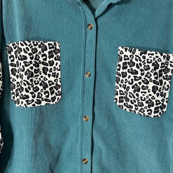 Oversized Women's Shacket Blue Black White Leopard Print Pockets Arms Medium - Picture 6 of 8